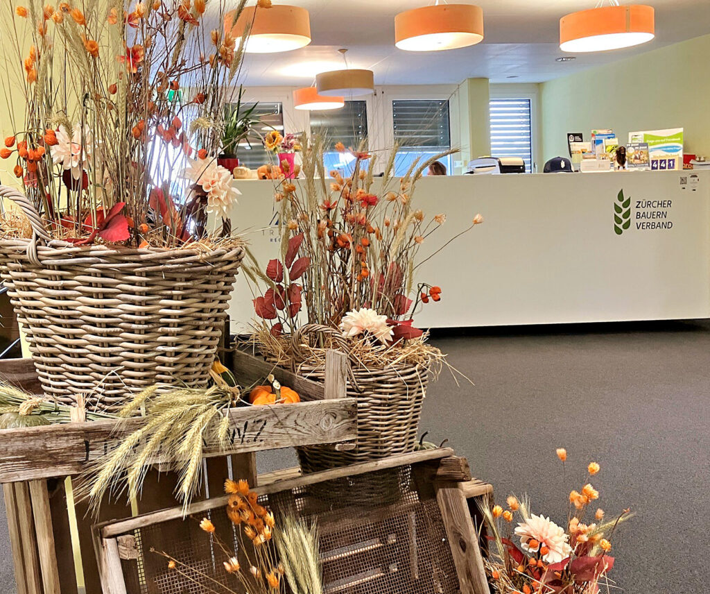 Saisonale Dekoration, herbstliche Trockenblumen in Weidekörben und Holzkisten schmücken den Eingangsbereich des Zürcher Bauernverbands.